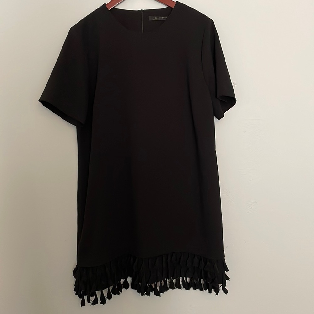 ZARA Woman Black Tiered Fringe Hem Shift Dress Size XL